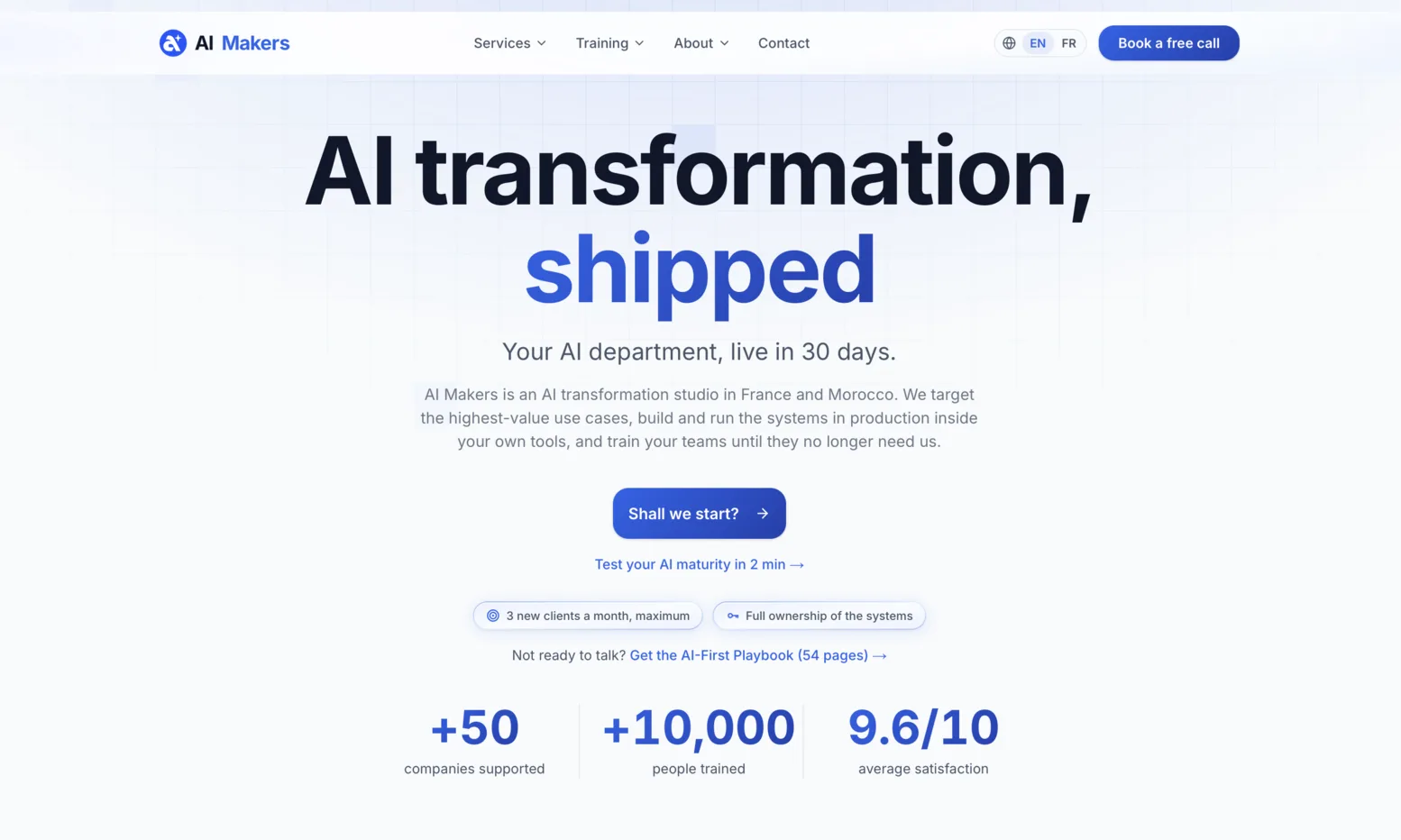 The AI Makers home page, headlined “AI transformation, shipped”, with figures for companies supported and people trained.