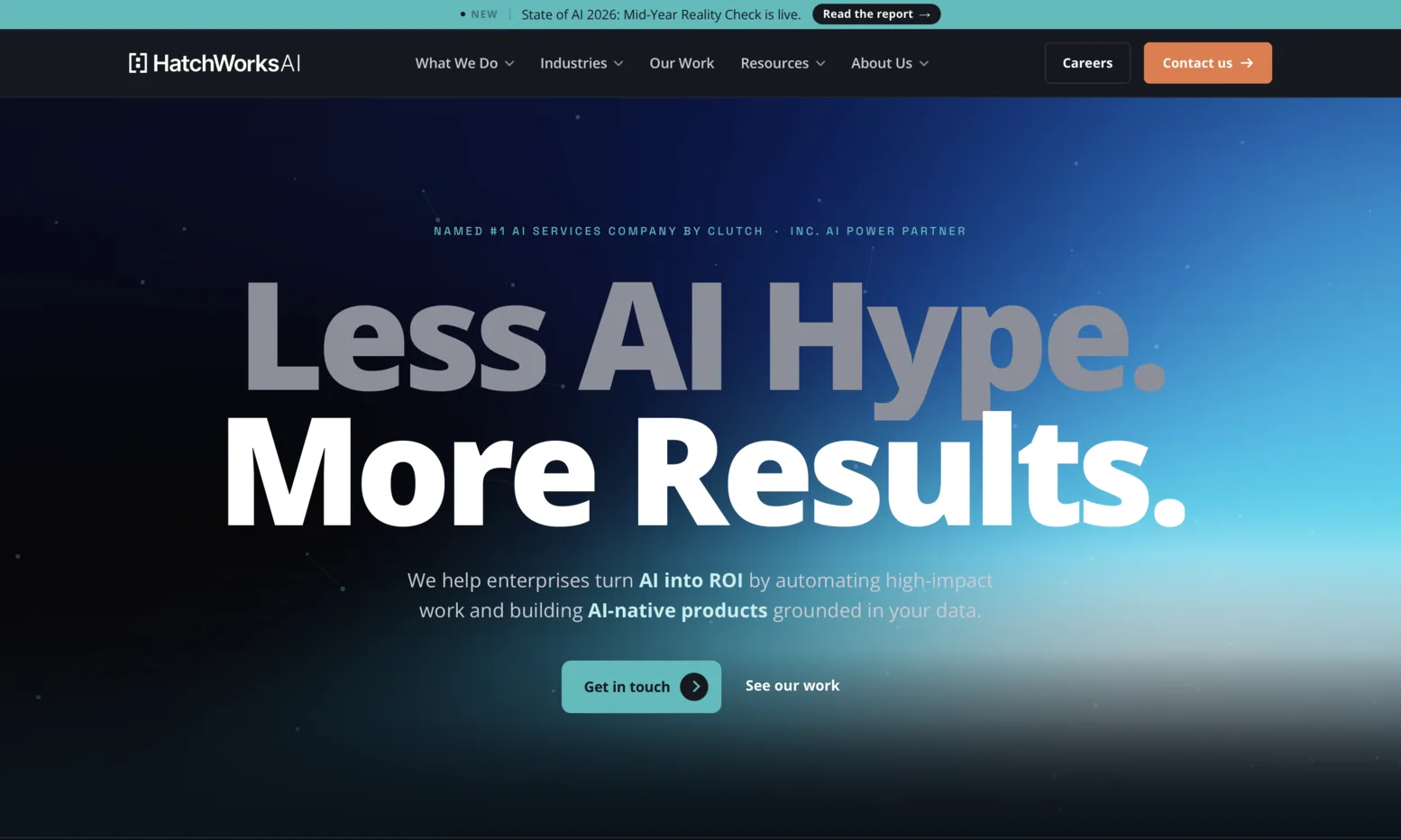 The HatchWorks AI home page, headlined “Less AI Hype. More Results.” over a dark blue gradient.