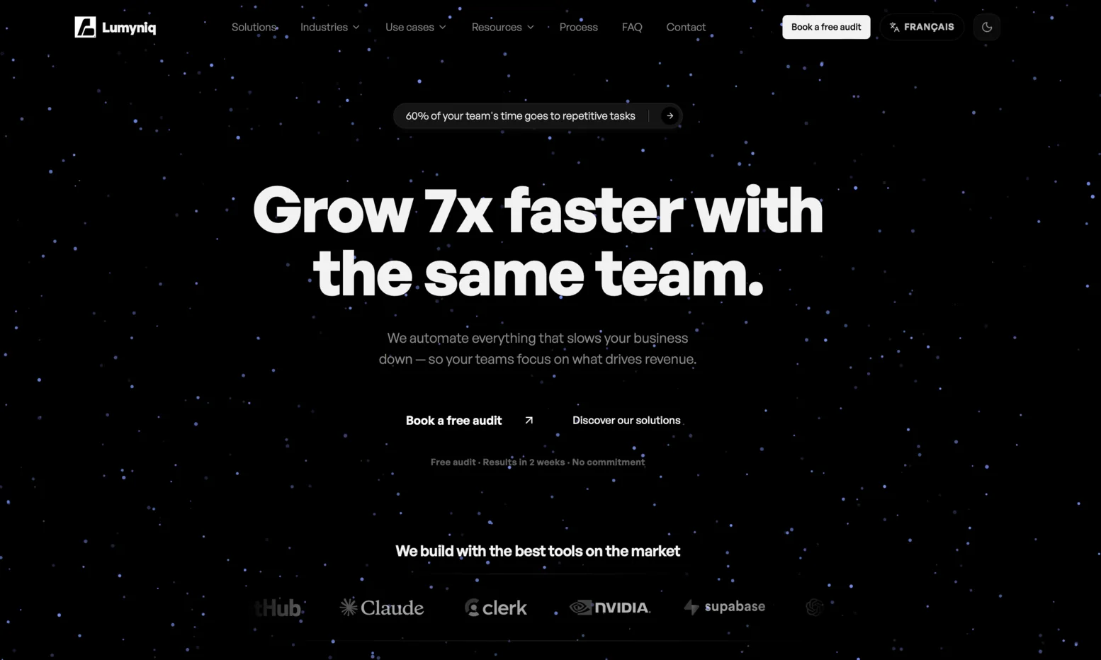 The Lumyniq home page, headlined “Grow 7x faster with the same team.” over a dark starfield, with a Book a free audit button.
