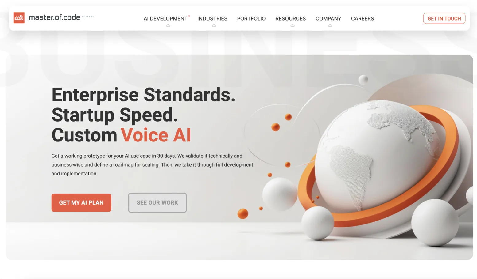 The Master of Code Global home page, headlined “Enterprise Standards. Startup Speed. Custom Voice AI”.