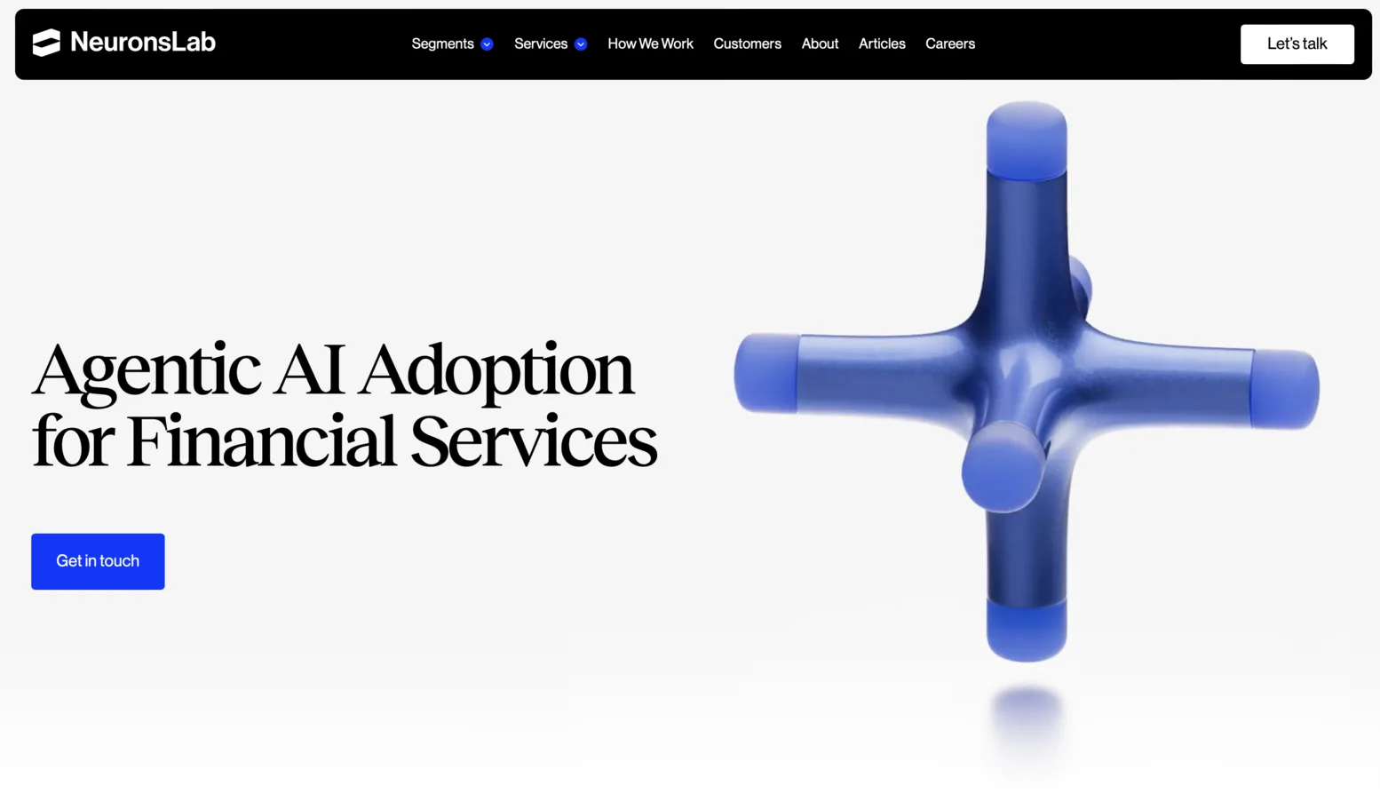 The Neurons Lab home page, headlined “Agentic AI Adoption for Financial Services” beside a blue three-dimensional form.
