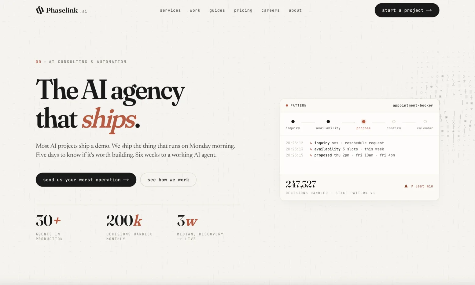 The PhaseLink home page, headlined “The AI agency that ships.”, with counts of agents in production and decisions handled monthly.