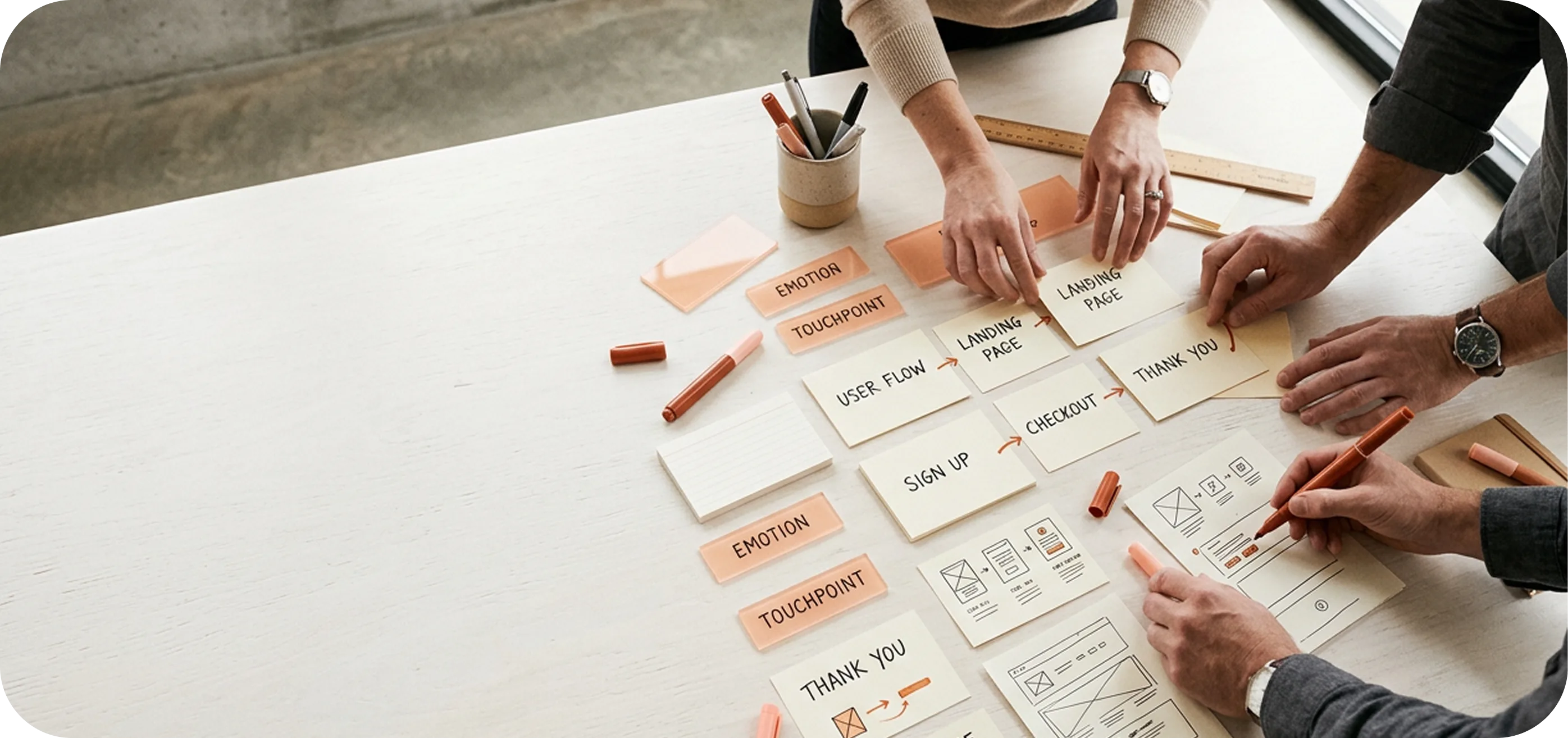 Three people around a table mapping a website with hand-drawn page cards — user flow, sign up, checkout, landing page, thank you — and wireframe sketches.