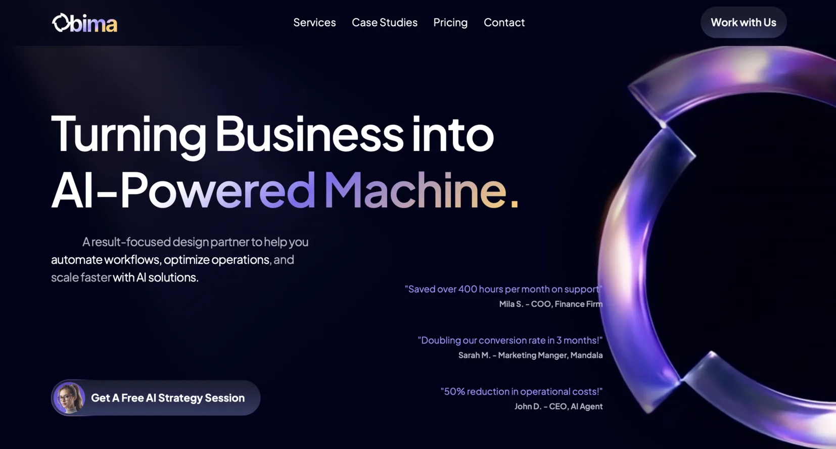 The Bima template home page.