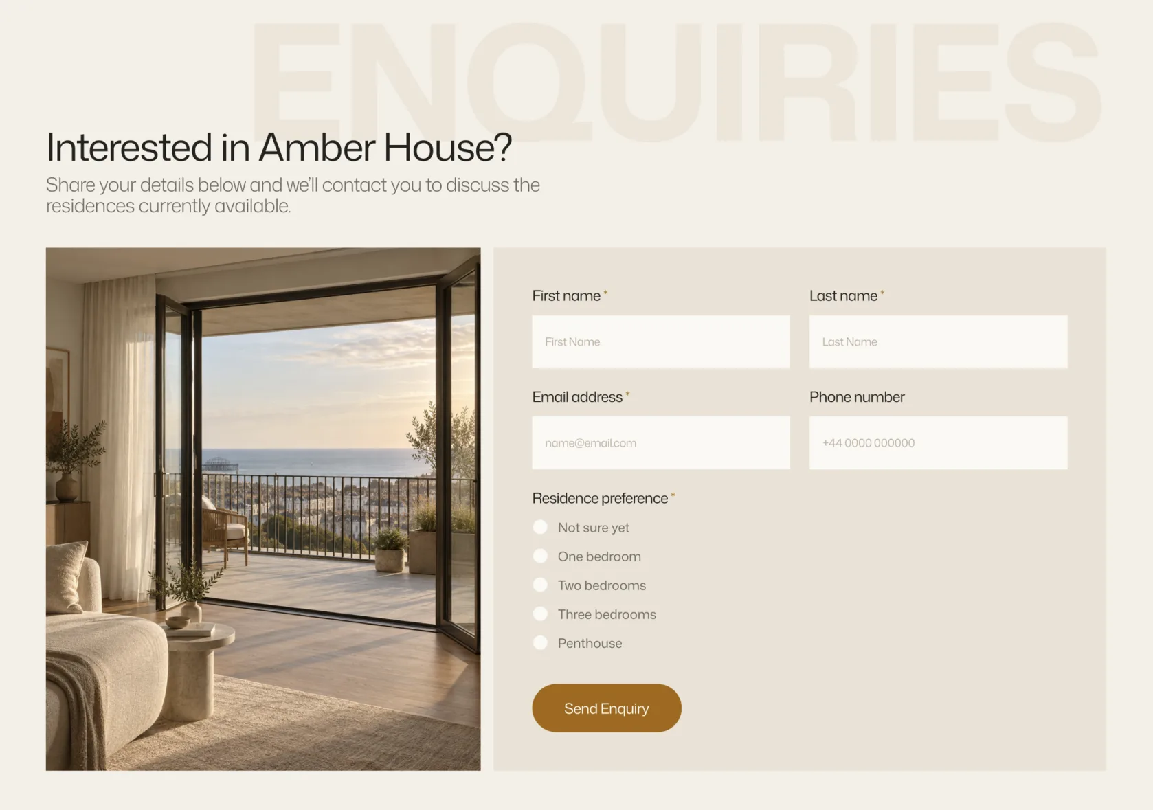 The Amber House enquiry page: the heading “Interested in Amber House?” and a line saying the team will get in touch about available residences, then a form with first name, last name, email and an optional phone number, a required choice of residence size, and a Send Enquiry button, beside a photograph of a sea-view apartment.