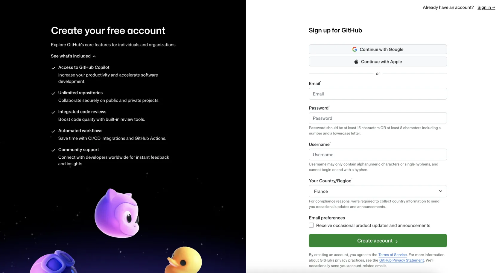 GitHub’s sign-up form: email, password, username and country fields, with the rules for a valid password and a valid username written under their fields before anything is entered, above a Create account button.