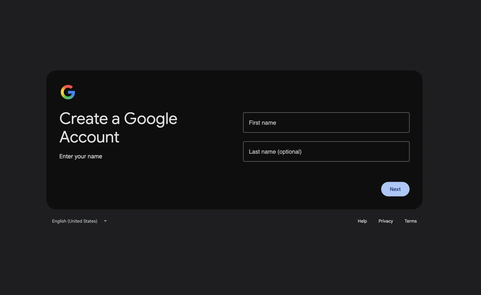 Google’s Create a Google Account screen: the instruction “Enter your name” beside two outlined fields labelled First name and Last name (optional), and a Next button.