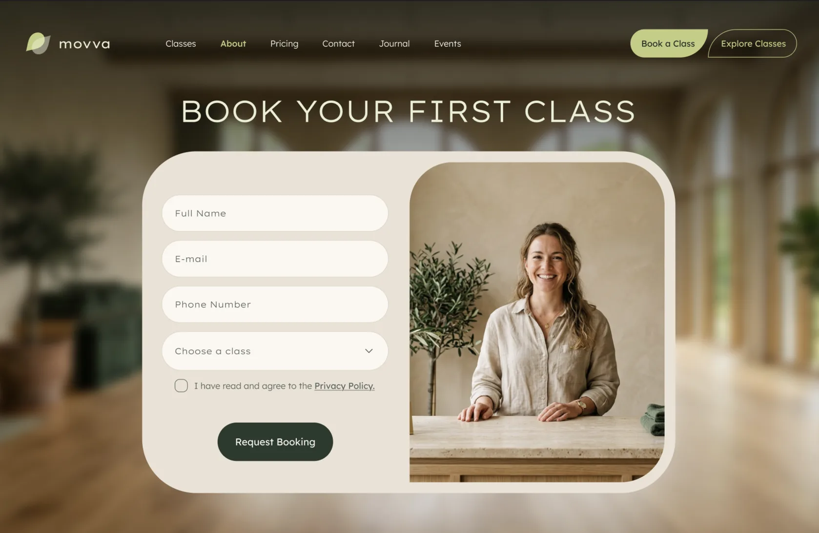 The Movva template’s booking page: the heading “Book your first class” above a short form — full name, email, phone number, a class to choose and a privacy-policy checkbox — and a Request Booking button, beside a photograph of an instructor.