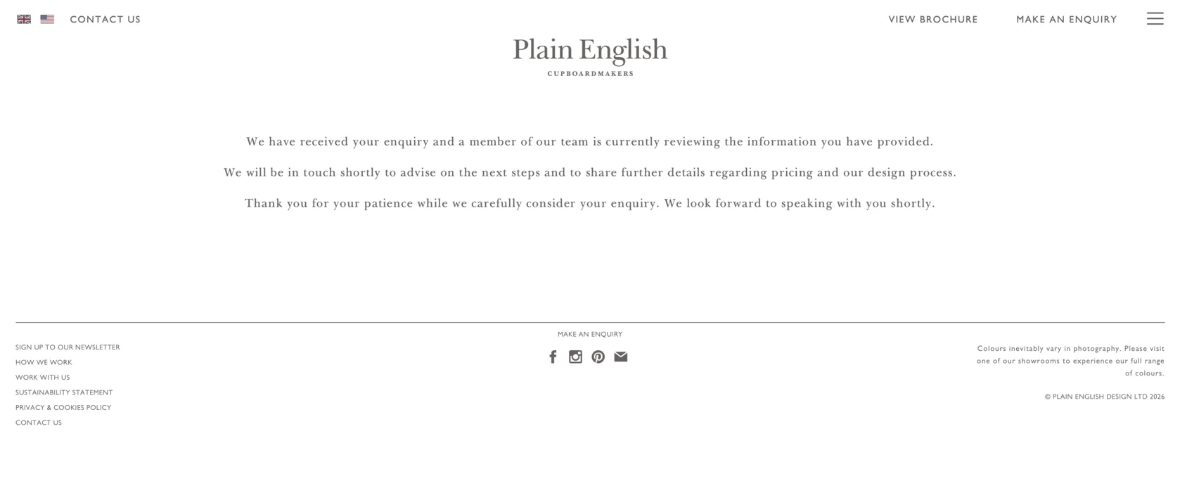Plain English’s enquiry confirmation page: three lines saying the enquiry has been received, that a member of the team is reviewing it, and that they will be in touch about next steps, pricing and the design process.