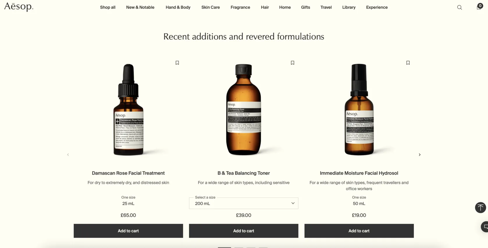 An Aesop product row headed “Recent additions and revered formulations”: three amber bottles photographed on a cream background, each with its name, who it suits, its size, its price and an Add to cart button.