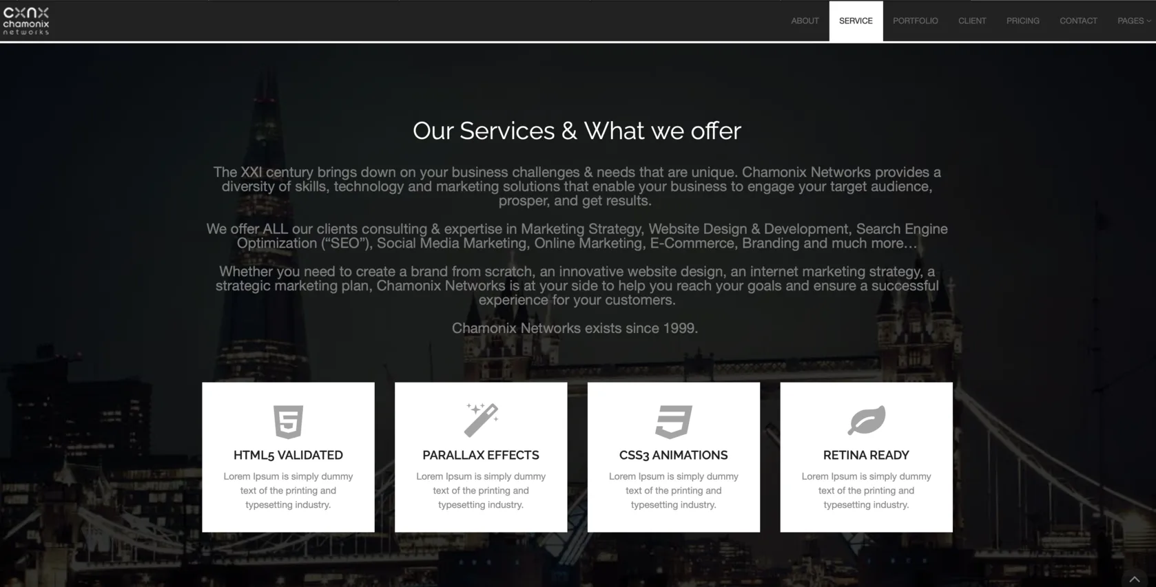 The Chamonix Networks services page: three paragraphs about marketing and web services over a dark city photograph, above four feature cards — HTML5 validated, Parallax effects, CSS3 animations and Retina ready — each still carrying “Lorem Ipsum is simply dummy text of the printing and typesetting industry.”