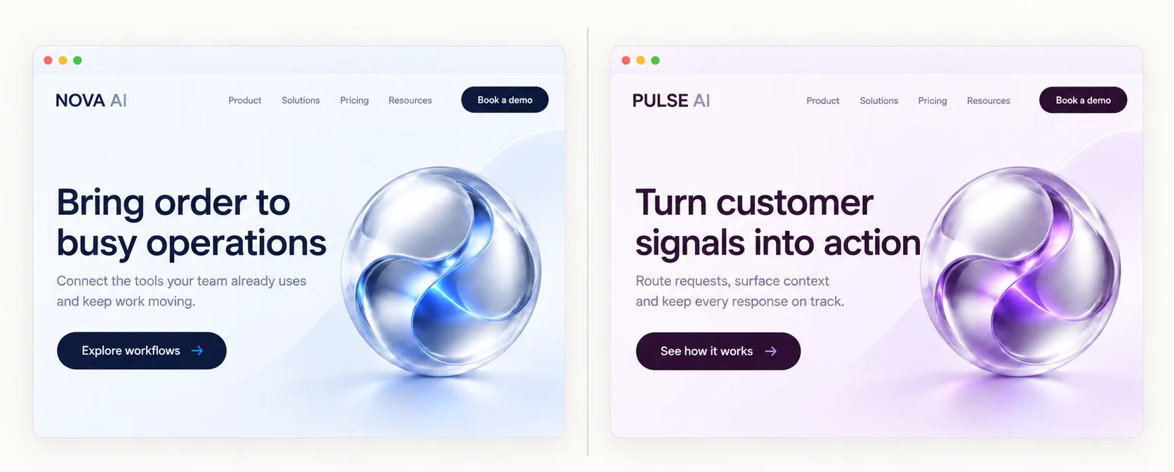 Two invented SaaS homepages side by side, Nova AI and Pulse AI. Both pair a short headline and a supporting line with the same glass-sphere render and a Book a demo button; only the colour and wording differ.