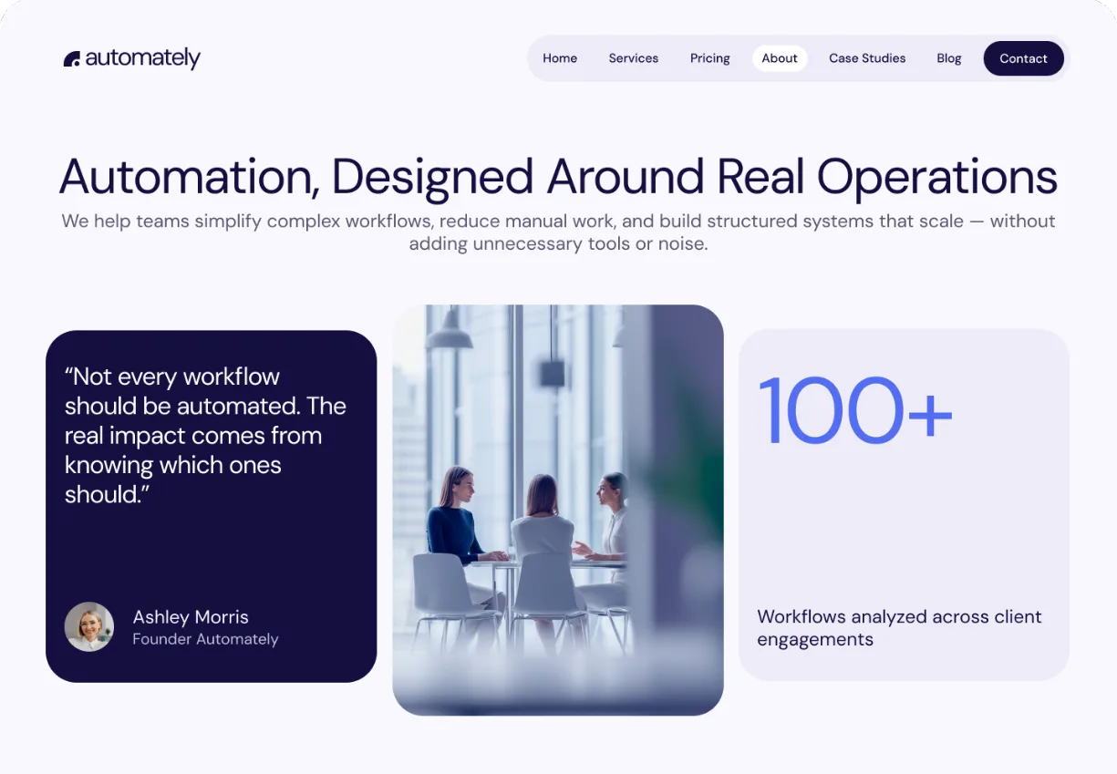 The Automately About page, headlined “Automation, Designed Around Real Operations”, with a founder quote and a count of workflows analysed.