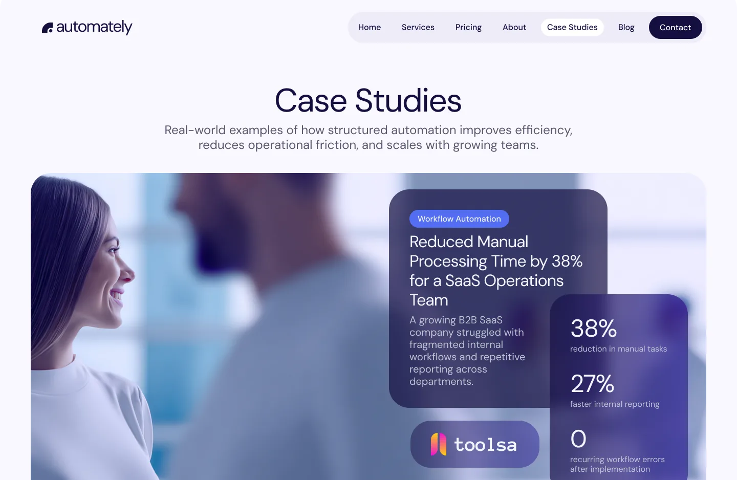 The Automately Case Studies page, with a featured study reporting a 38% reduction in manual processing time for a SaaS operations team.