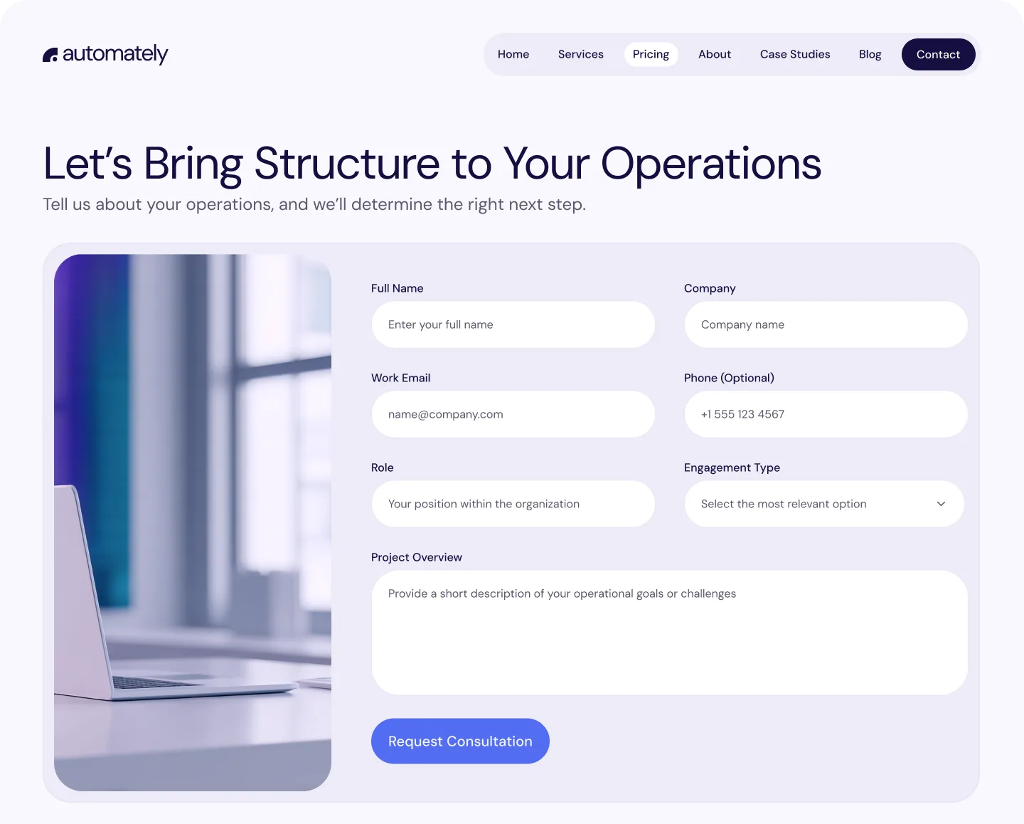 The Automately contact page, headlined “Let’s Bring Structure to Your Operations”, with a short enquiry form asking for name, company, email, role and a project overview.