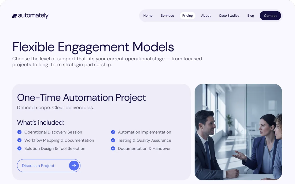The Automately pricing page, headlined “Flexible Engagement Models”, showing a One-Time Automation Project package and what it includes.