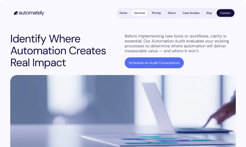 An Automately service page, headlined “Identify Where Automation Creates Real Impact” with a Schedule an Audit Consultation button.