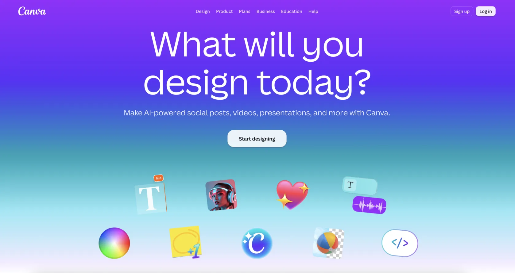 The Canva homepage: the headline “What will you design today?” over a purple-to-green gradient, one supporting line beneath it, then a Start designing button above a row of design category icons.
