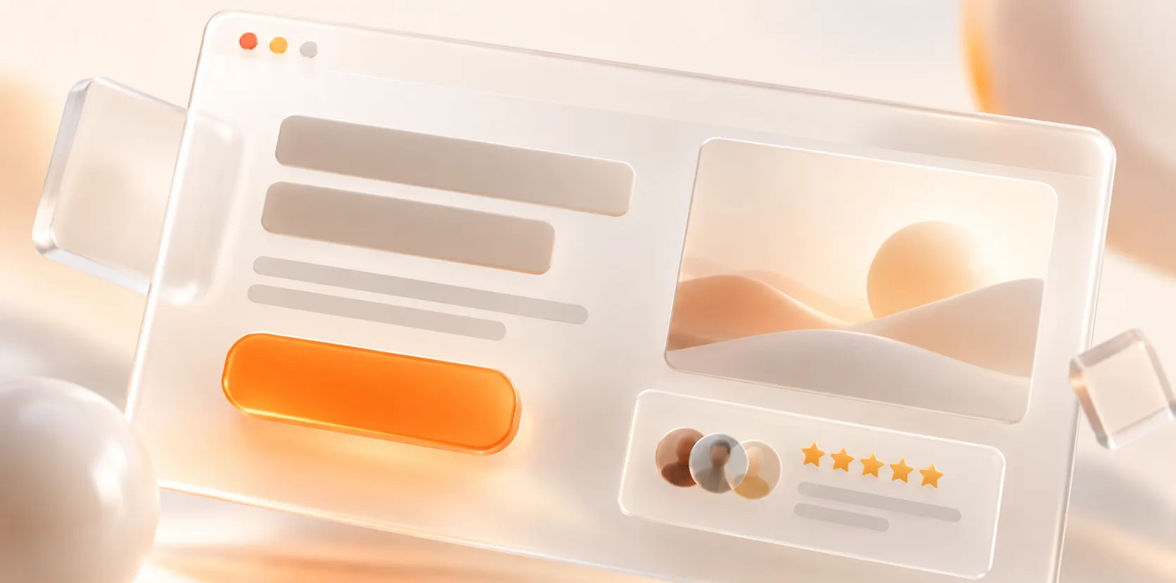 A browser window shown in soft 3D: a headline, two lines of supporting copy, a large orange button, and beside them an image panel and a card of reviews.