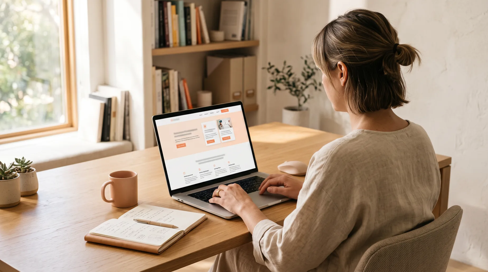 Someone at a sunlit desk studying a website on a laptop, with an open notebook of handwritten notes beside them.