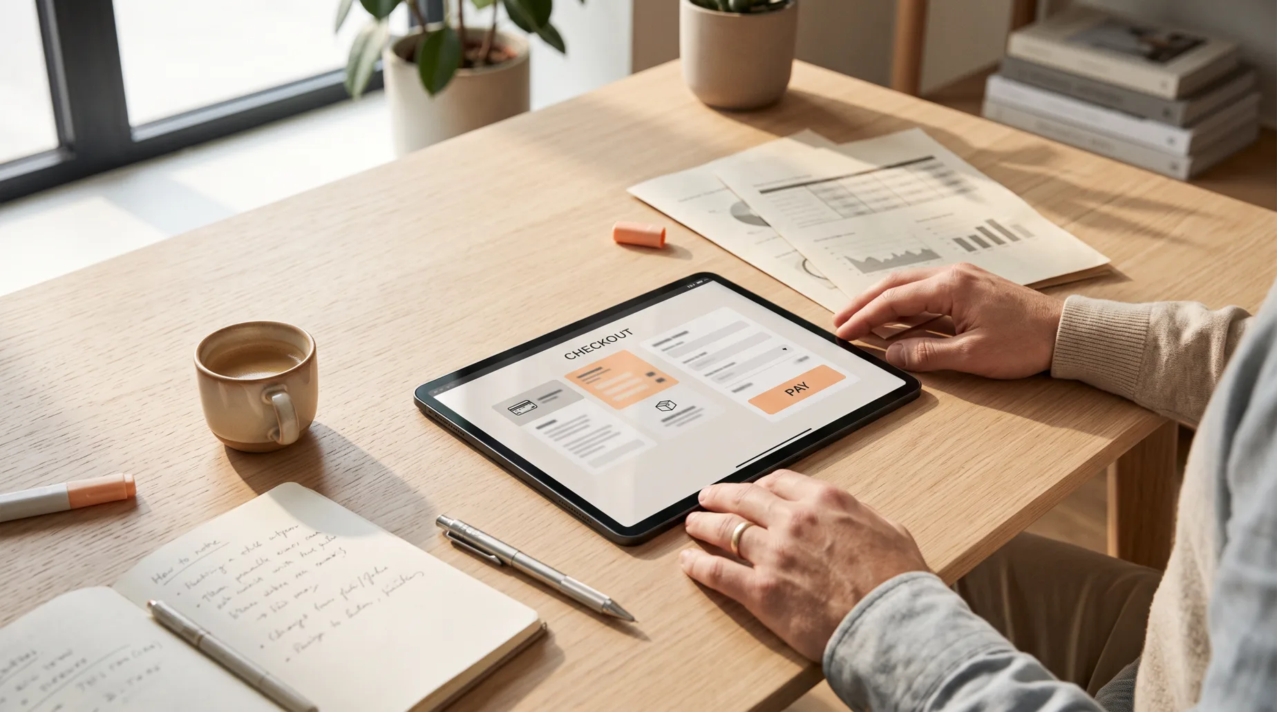 Two hands over a tablet showing a checkout screen with a Pay button, beside a notebook of handwritten notes and a printed chart.