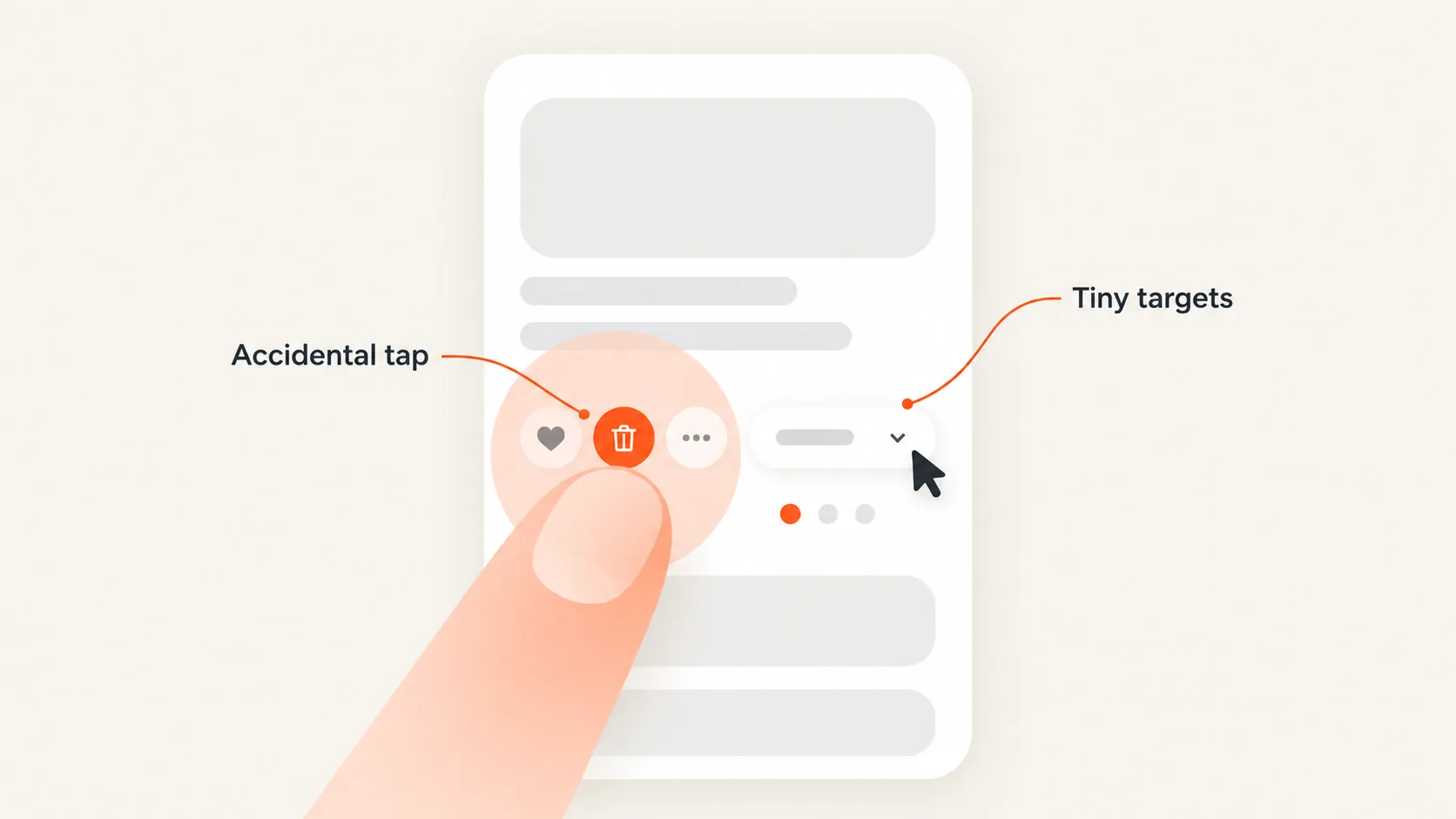 A fingertip covering three small icon buttons on a phone card, the area under it shaded to show the overlap, labelled “Accidental tap”, with a cursor beside a narrow dropdown labelled “Tiny targets”.