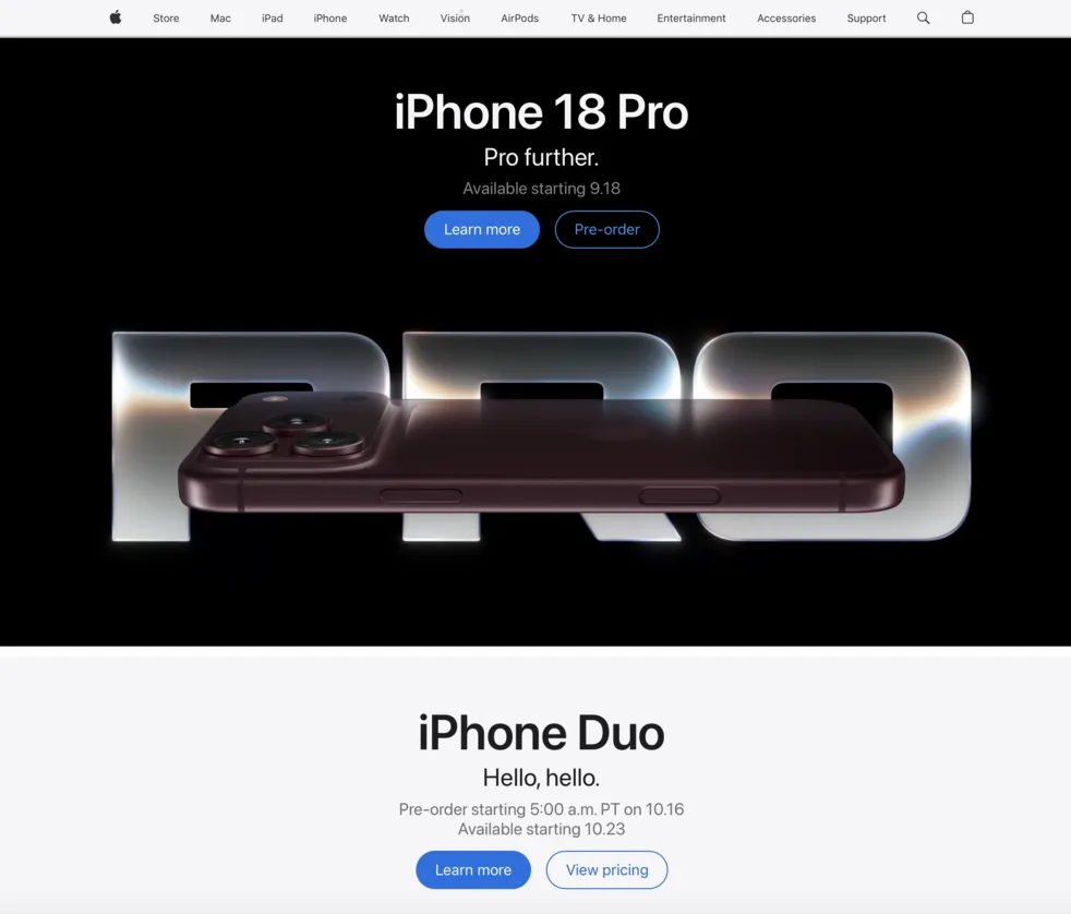 Apple’s iPhone page: Learn more and Pre-order buttons under iPhone 18 Pro, and Learn more and View pricing buttons under iPhone Duo.