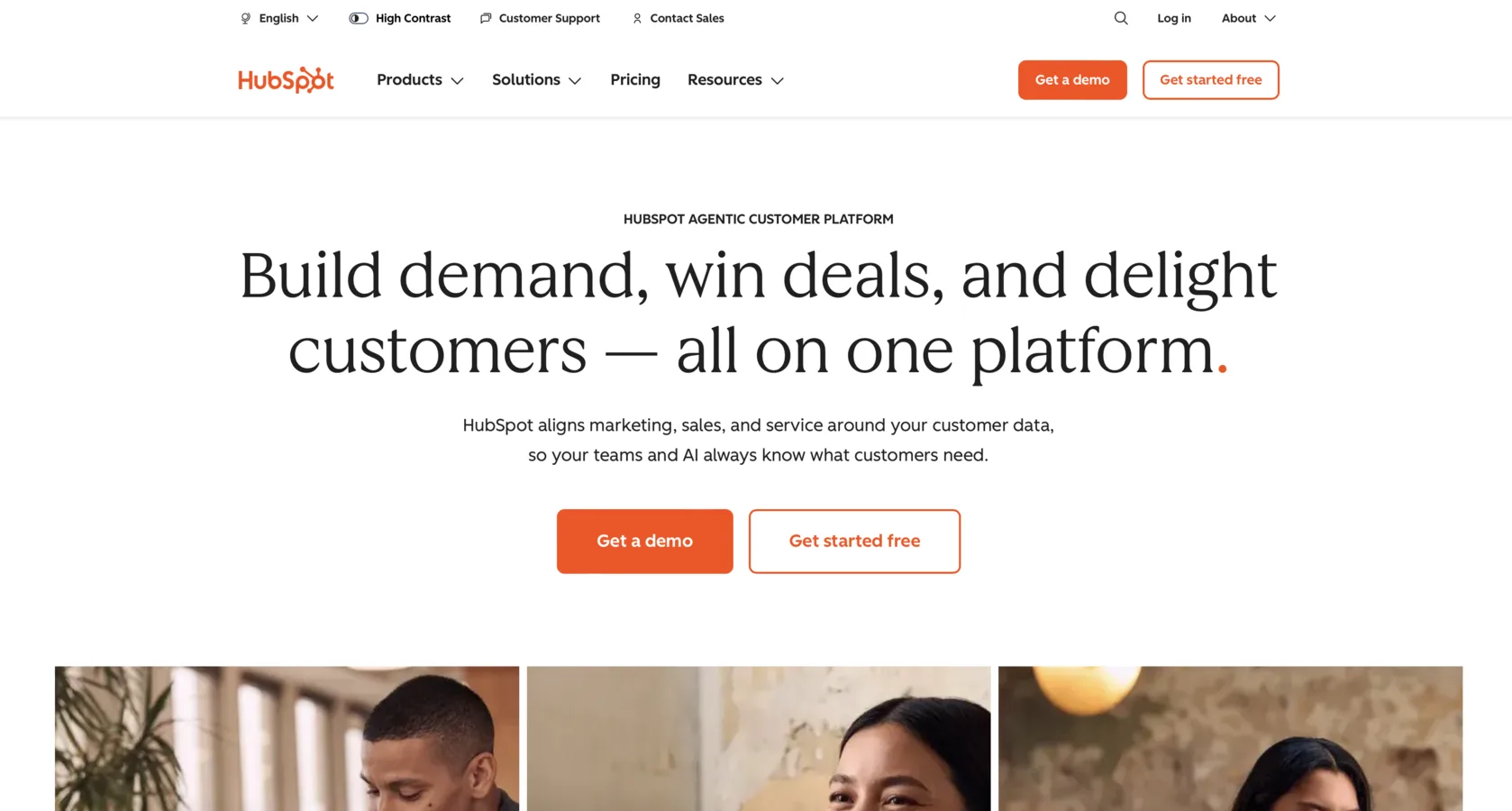 The HubSpot homepage: the headline “Build demand, win deals, and delight customers — all on one platform.” above a solid Get a demo button and an outlined Get started free button.
