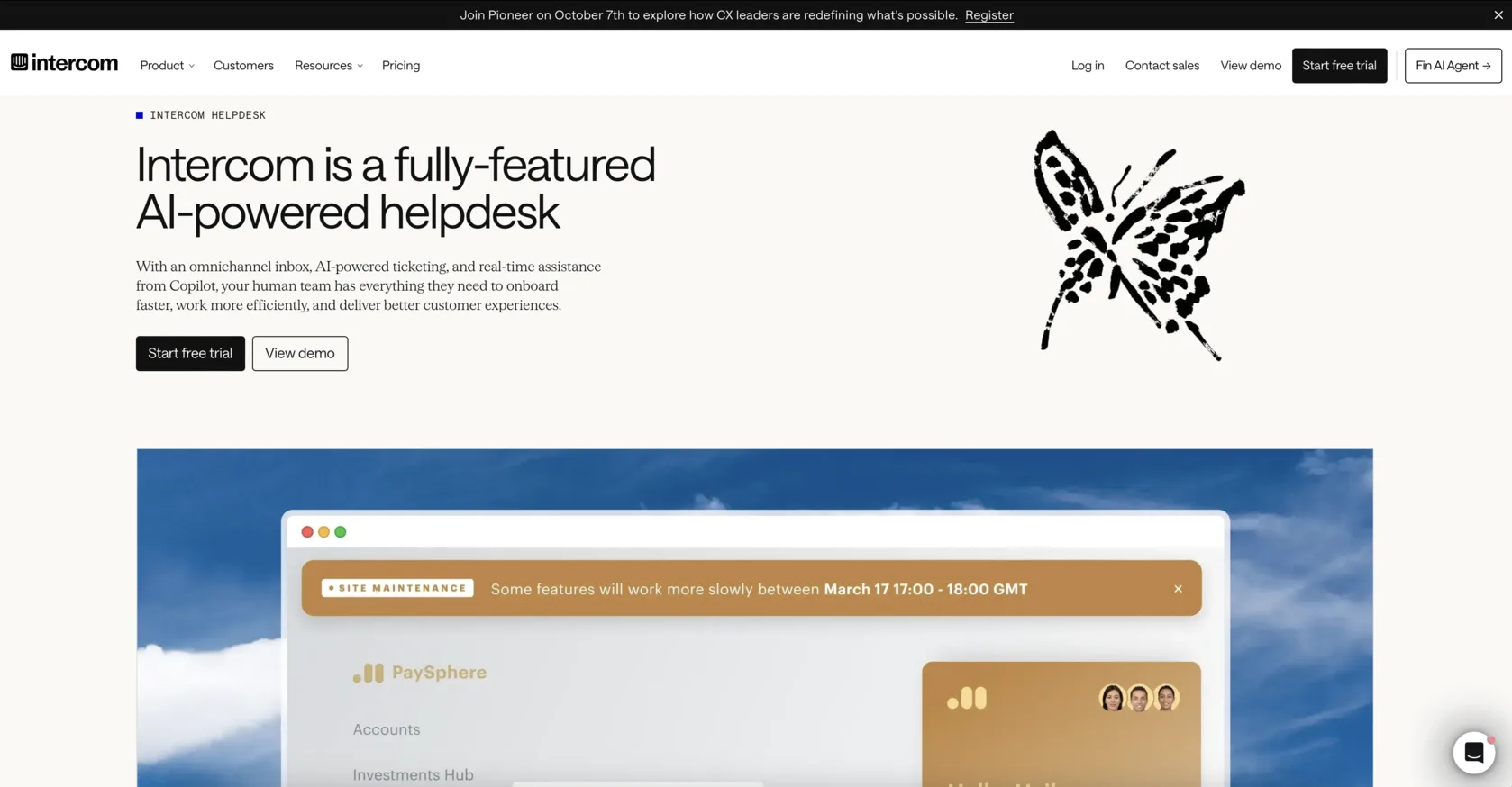The Intercom Helpdesk page: the headline “Intercom is a fully-featured AI-powered helpdesk” above a Start free trial button and a View demo button.