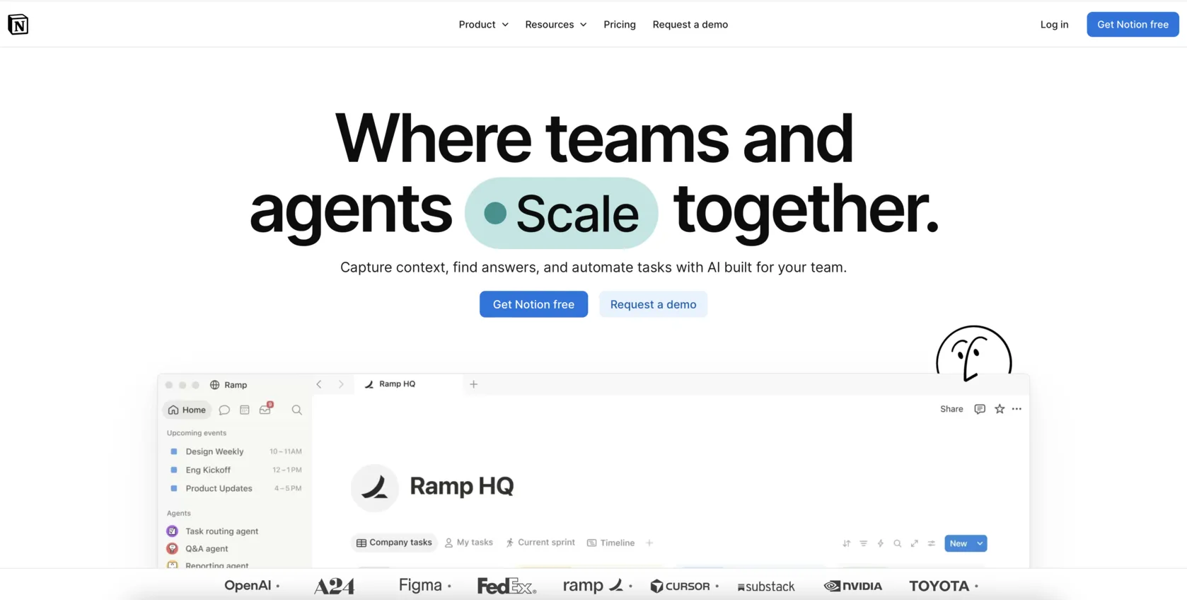 The Notion homepage: the headline “Where teams and agents scale together” above a Get Notion free button and a lighter Request a demo button.