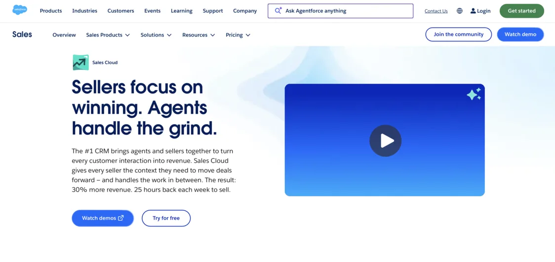 The Salesforce Sales Cloud page: the headline “Sellers focus on winning. Agents handle the grind.” above a Watch demos button and a lighter Try for free button.