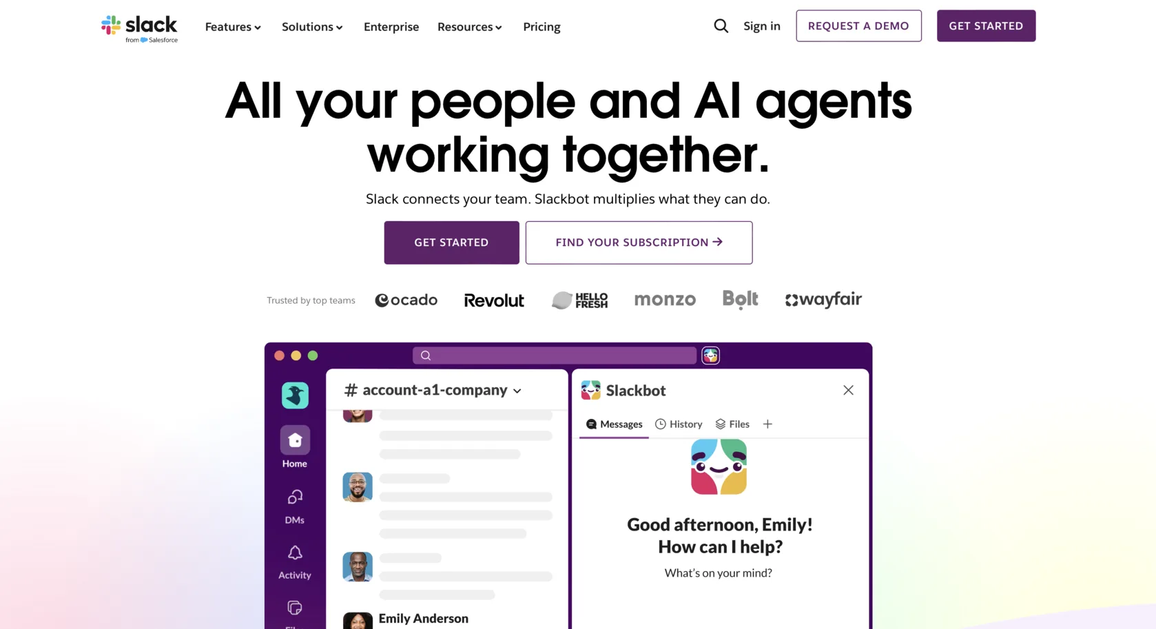 The Slack homepage: the headline “All your people and AI agents working together.” above a solid Get started button and an outlined Find your subscription button.
