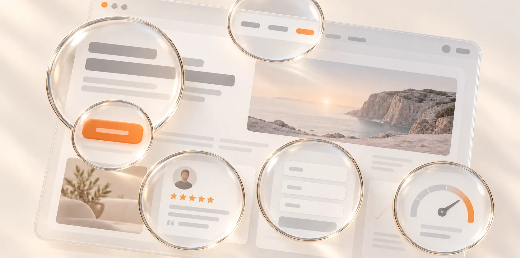 A web page rendered in soft 3D with six glass magnifiers over it, each enlarging one part: the headline, an orange button, a five-star review, a form, a page-speed dial and a navigation bar.