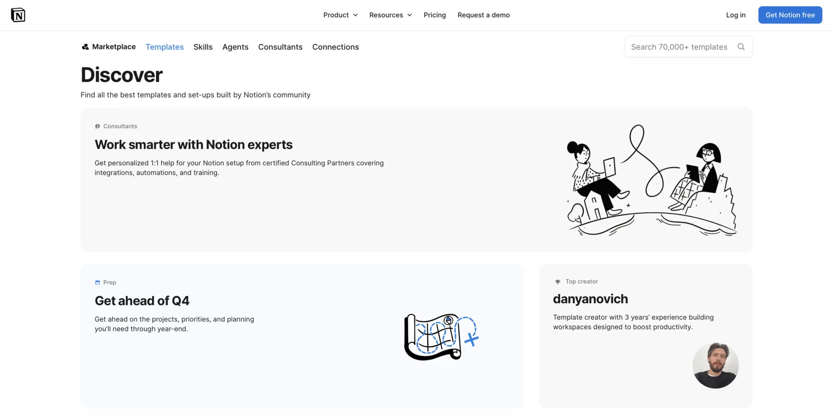 Notion's template marketplace: a secondary bar reading Marketplace, Templates, Skills, Agents, Consultants and Connections, a “Discover” heading, a search field for 70,000+ templates and cards for consultants, seasonal set-ups and a top creator.
