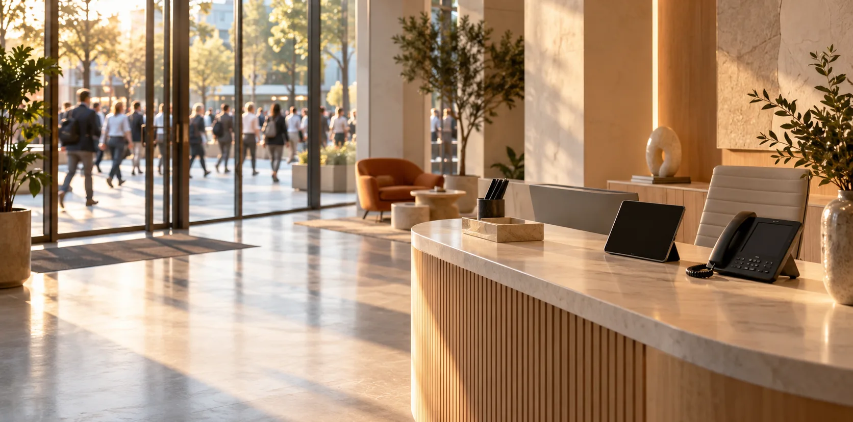 An empty reception desk in a sunlit lobby, with a crowd of people walking past the glass doors outside.
