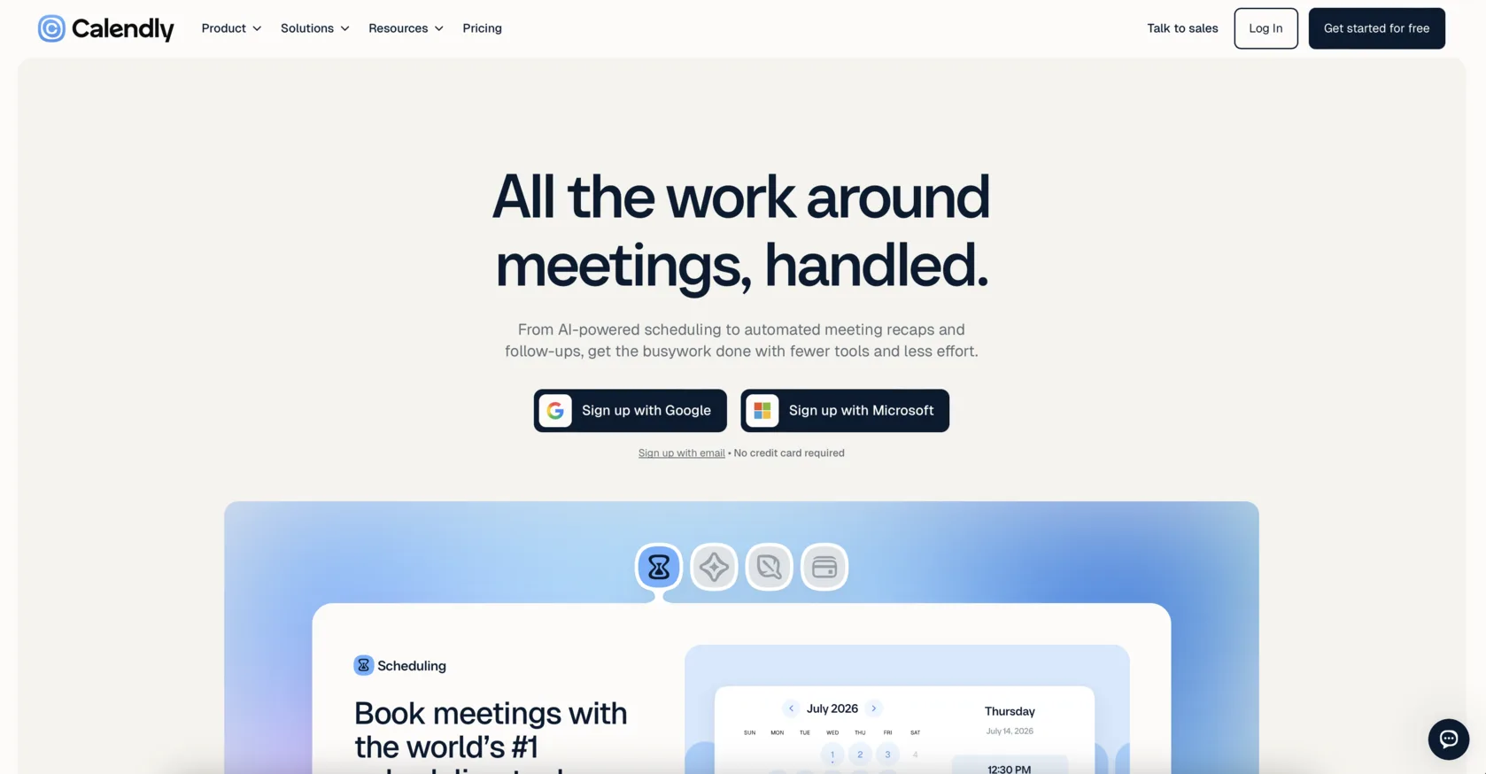 The Calendly homepage: Sign up with Google and Sign up with Microsoft buttons, with “No credit card required” printed directly beneath them.