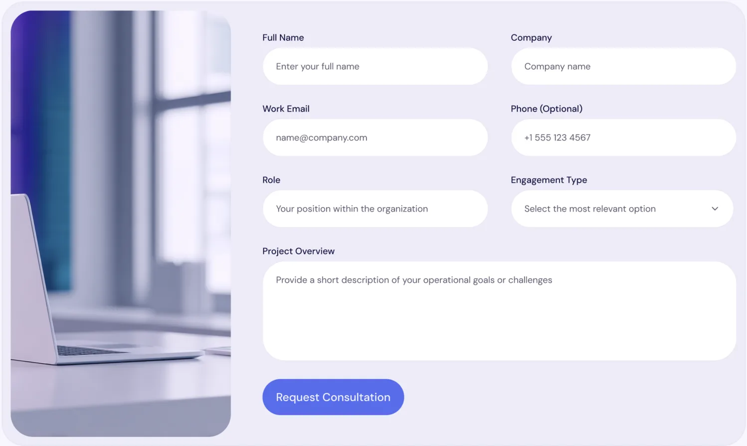 The Automately template's consultation form: full name, company, work email, an optional phone number, role, engagement type and a project overview field, above a Request Consultation button.