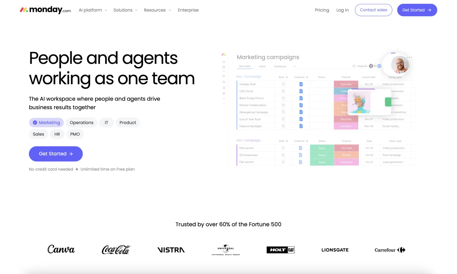 The monday.com homepage: one headline, a single Get Started button, and a row of customer logos under the line “Trusted by over 60% of the Fortune 500”.